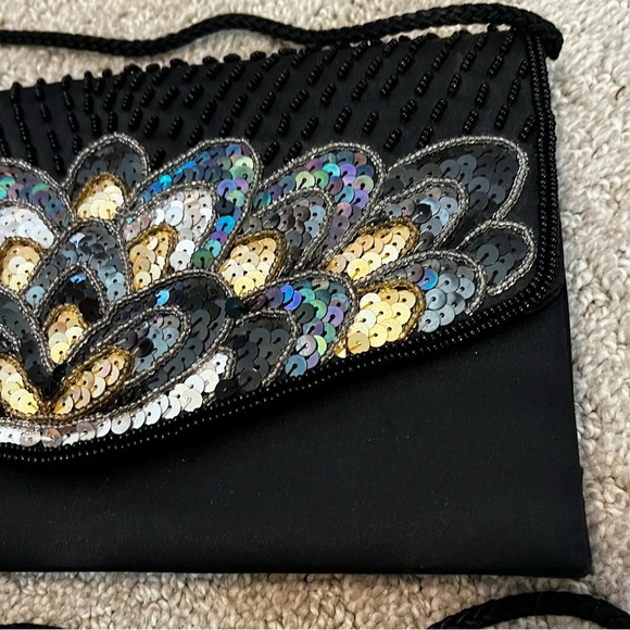 Black Satin Evening Bag Clutch / Shoulder Peacock Iridescent Beaded Sequin - Picture 2 of 8